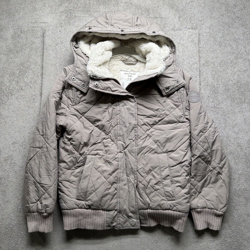 Abercrombie Kids Quilted Hooded Jacket Tan Fleece Lined‎ Full Zip Size 9 10